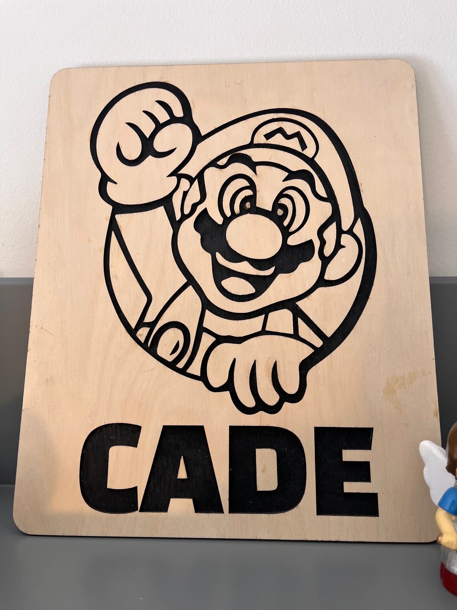 Personalized engraved video game character name sign on Baltic birch plywood